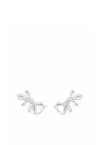 Srebrne kolczyki w kształcie jaszczurki z detalami kończyn i ogona, pokazane w lustrzanej parze na białym tle.