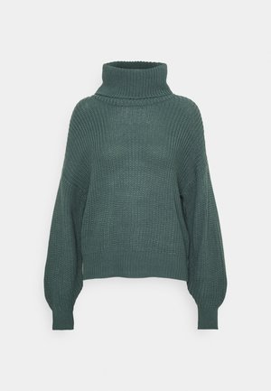 Pletený rolák, tmavo modrozelená farba, voľný strih, balónové rukávy, rebrované manžety a spodný lem, štruktúrovaná tkanina.