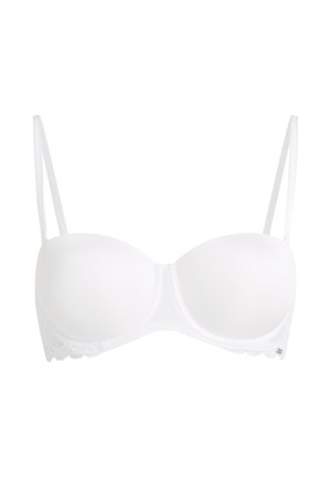White balconette bra with smooth cups, thin adjustable straps, and lace trim at the bottom edges.