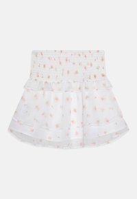 Gonna bianca a fiori con un elastico in vita, design a strati e delicati motivi di rose rosa. Tessuto leggero e trasparente con bordi arricciati.