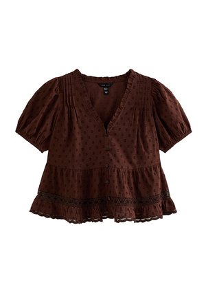 Brown short-sleeve blouse with V-neck, buttons down front, subtle polka dot pattern, pintuck details, and lace trim at ruffled hem.