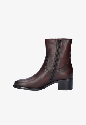 Bruine leren enkellaars met een rits aan de zijkant, een ronde neus en een bescheiden hak. Heeft een gladde textuur en subtiele stikdetails.