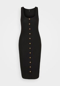 Czarna, prążkowana midi sukienka z okrągłym dekoltem i drewnianymi guzikami zapinającymi się z przodu. Bez rękawów, dopasowana sylwetka i długość do kolan.