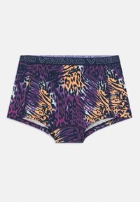 Boxer-briefs à imprimé animal violet et orange avec une ceinture marine portant le nom de la marque "VINGINO" en texte répétitif. Matière douce, coupe élastique.