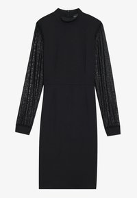 Black dress with a fitted bodice and long sheer textured sleeves. Features a high neckline and a simple, streamlined silhouette.