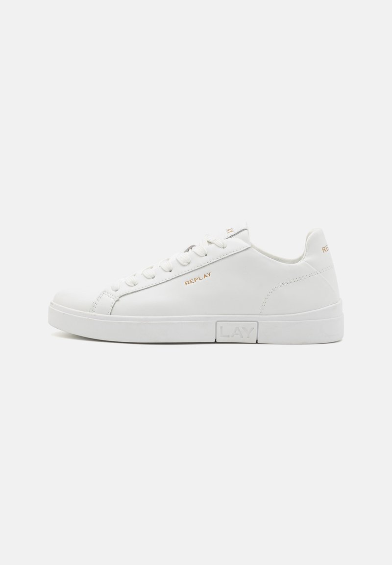 White leather sneaker with rounded toe, flat rubber sole, and lace-up front. Features brand names "REPLAY" and "LAY" in gold accents.