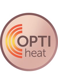 Logo med teksten "OPTI heat" i brunt, med oransje og gule bølger som stråler ut fra venstre side på en sirkulær rosa bakgrunn.