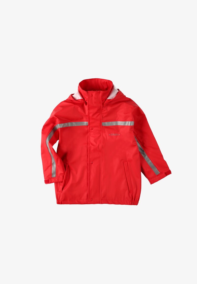 Rote wasserdichte Jacke mit reflektierenden silbernen Streifen, hohem Kragen und Druckknopfverschluss. Verfügt über zwei Fronttaschen und ein atmungsaktives Design.