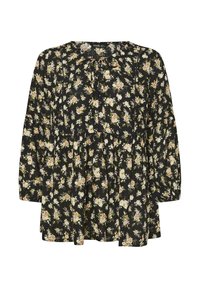 Svart blommig blus tillverkad av lättviktsmaterial med ett samlat nederkant, långa ärmar, V-ringning och blommönster i rosa och vitt.