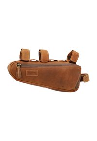Brown leather bike bag with a rectangular shape, zipper closure, and three adjustable straps for attachment. Smooth texture with stitching accents.