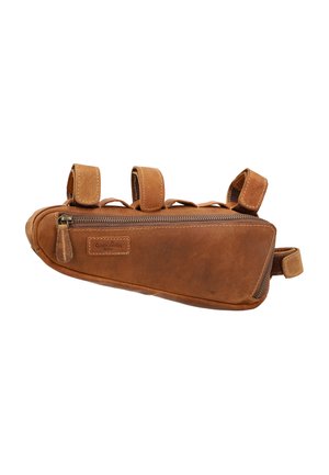 Pruuni nahast jalgrattakott ristküliku kujuga, lukuga sulgus ja kolm reguleeritavat rihma kinnitamiseks. Sile tekstuur koos õmbluste aktsentidega.