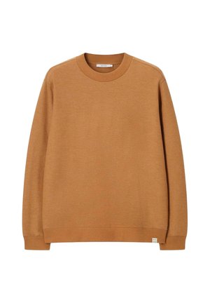 Brown crewneck long-sleeve sweater with ribbed cuffs and hem, displayed on a white background.