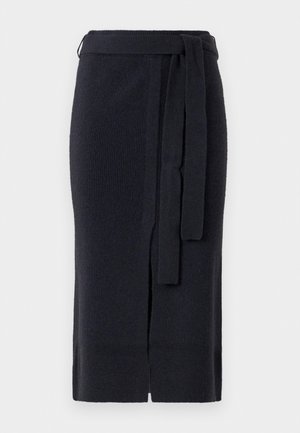 Knee-length dark navy knitted skirt with a front slit and matching tie belt at the waist.