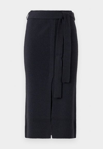 Knee-pikkune tume.navysinine kudumiskurts koos esiseibi ja sobiva pingutuskummiga vööl.