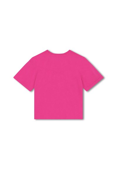 Korte mouwen T-shirt, effen felroze kleur, katoenen materiaal, ronde hals ontwerp, relaxte pasvorm, geen zichtbare graphics of patronen.