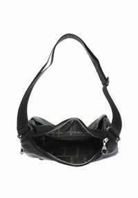 Borsa in tessuto nero con forma curvata, scomparto principale con zip e tracolla regolabile. L'interno testurizzato presenta un motivo a logo.