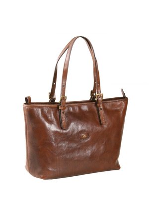 Sac fourre-tout en cuir marron avec double poignées, boucles dorées et petit logo embossé à l'avant.