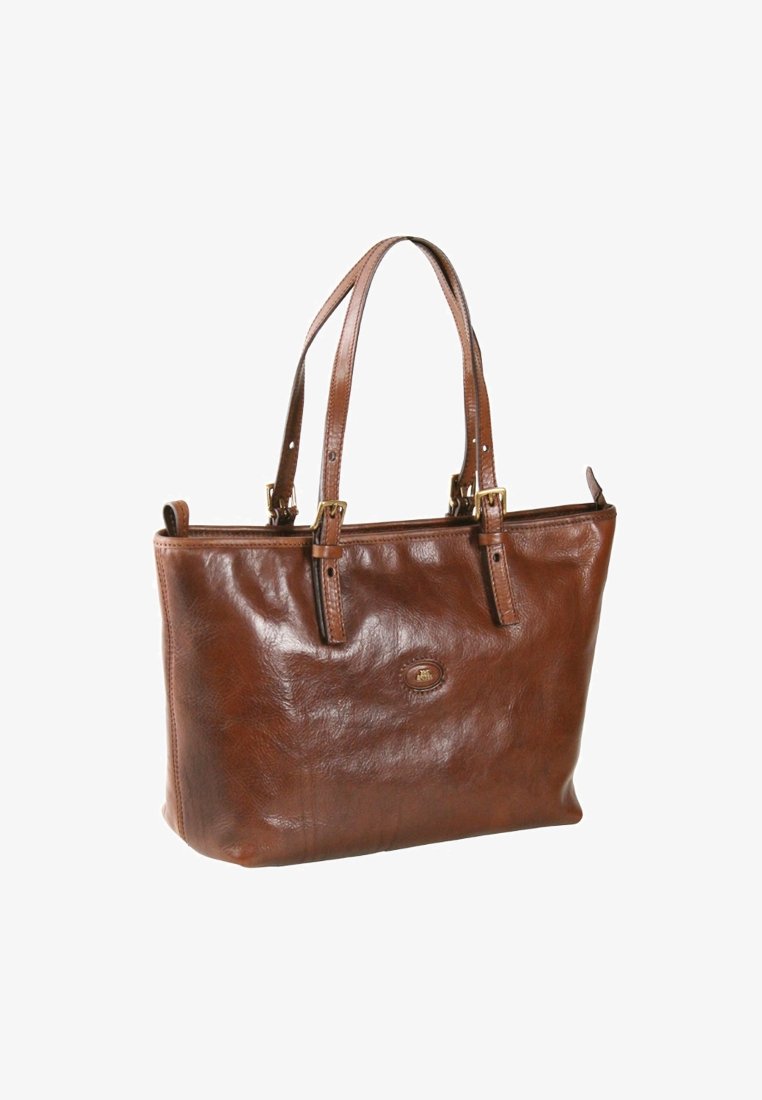 Borsa a mano in pelle marrone con doppie maniglie, fibbie dorate e piccolo logo impresso sul fronte.