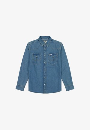 Niebieska koszula dżinsowa z długimi rękawami, spiczastym kołnierzykiem, dwiema kieszeniami na piersi oraz kontrastowym przeszyciem. Posiada zapięcie na guziki i teksturowane wykończenie.