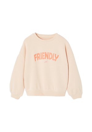 Light beige crewneck sweatshirt with long sleeves, ribbed cuffs, and "FRIENDLY girl" printed in peach and pink letters on the front.