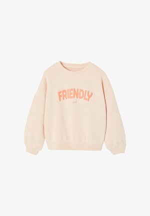 Hellbeiges Sweatshirt mit Rundhalsausschnitt und langen Ärmeln, gerippten Bündchen und dem Schriftzug „FRIENDLY girl“ in Pfirsich- und Pinktönen auf der Vorderseite.