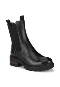 Melna ādas potīšu zābaks ar elastīgām sānu daļām, sakrautām papēžiem un teksturētu zoli. Iezīmējas ar gludu virsmu un minimālu noformējumu.