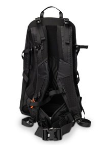 Black backpack with mesh padding, adjustable straps, and clip buckles. Features a structured back with vertical stitching for support.
