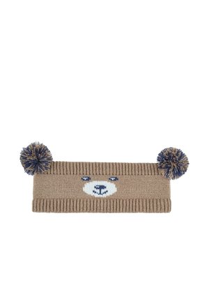 Braunes gestricktes Stirnband mit Bärengesicht-Design und zwei blauen und braunen Bommel an jedem Ende.