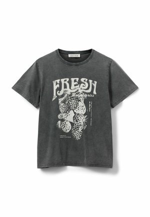 Šedé bavlněné tričko s grafickým potiskem ananasů a slovem "FRESH." Kolo vycpané výstřih a krátké rukávy s volným střihem.