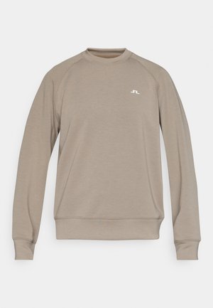 Sudadera beige de manga larga con cuello redondo, puños y dobladillo acanalados. Presenta un pequeño logo blanco en el pecho. Textura de tela suave.