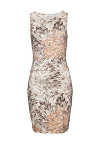 Hihaton, ihoon myötäilevä mekko vaaleassa sävyssä, jossa on abstrakteja ruskeita ja persikanvärisiä kukkakujuja. Mekossa on pyöreä pääntie ja sileä pinta.