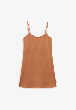 Braunes ärmelloses Kleid mit V-Ausschnitt aus geripptem Stoff. Mit dünnen verstellbaren Trägern und geradem Saum.