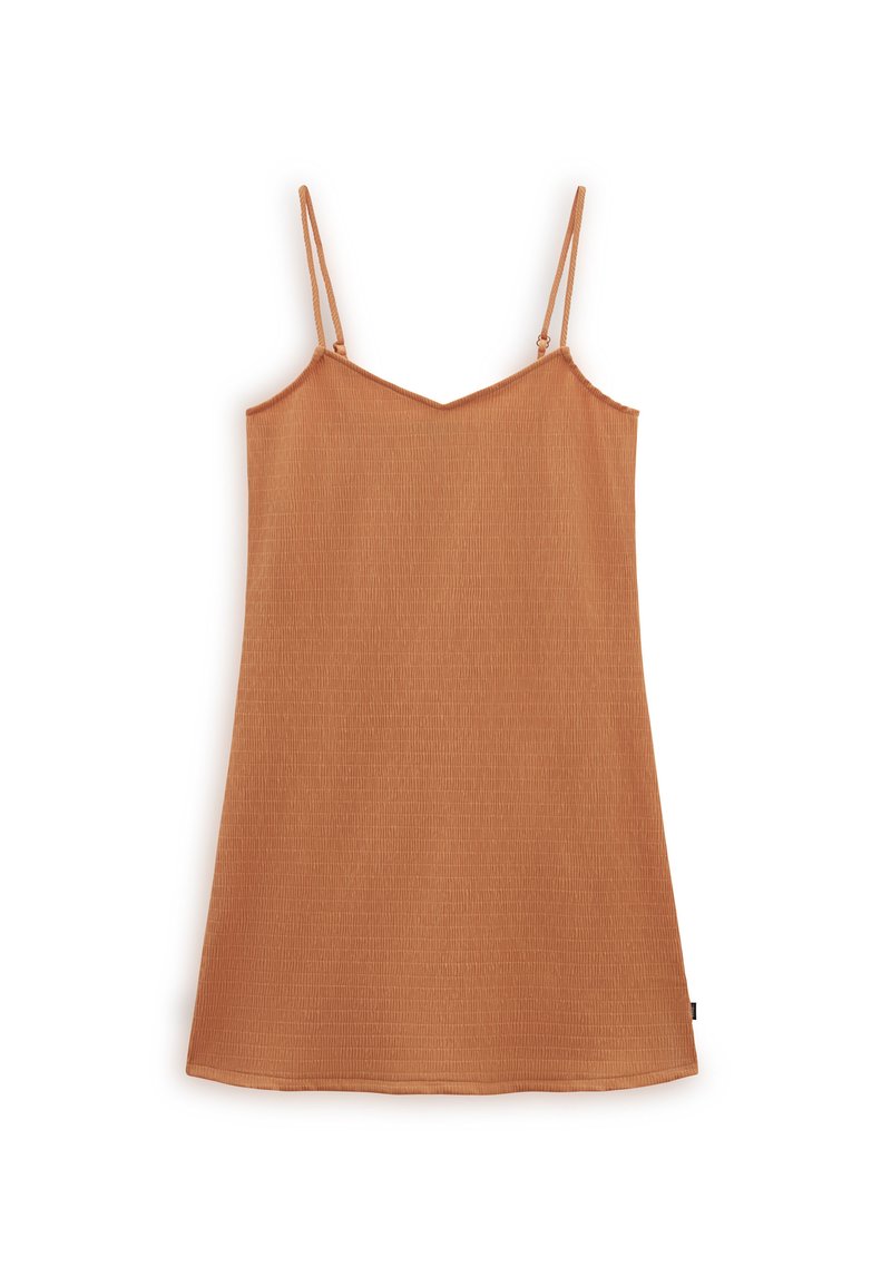 Robe sans manches marron avec un décolleté en V, fabriquée en tissu côtelé. Présente des bretelles fines et ajustables ainsi qu'un ourlet droit.