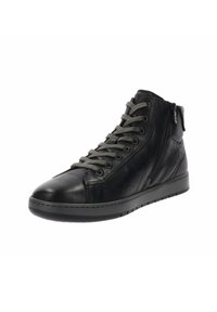 Baskets montantes en cuir noir avec un bout rond, un laçage frontal et une fermeture éclair sur le côté. Présente une surface texturée et une semelle en caoutchouc plate.
