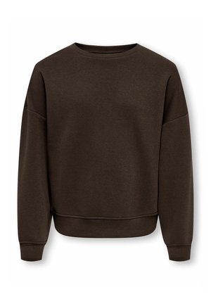 Mørkebrun sweatshirt med rund hals og lange ærmer med ribstrikkede manchetter og kant, vist på en hvid baggrund.