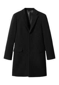 Manteau noir en mélange de laine avec un col à revers cranté, une coupe à simple boutonnage, deux poches avant et trois boutons. Doublure intérieure lisse.