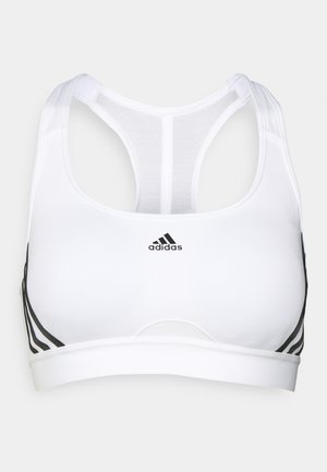 Bra sportivo bianco con schiena in mesh e strisce nere accentate. Presenta un logo sul davanti e un design a taglio per traspirabilità e comfort.