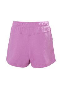 Shorts atléticos morados con cintura elástica, tejido suave y detalles de costura doble; presentan un diseño simple y suave.