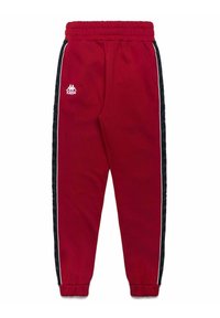 Pantaloni della tuta rossi con elastico in vita, pannelli laterali neri, piping bianco e logo Kappa sulla coscia sinistra. Realizzati in tessuto morbido.