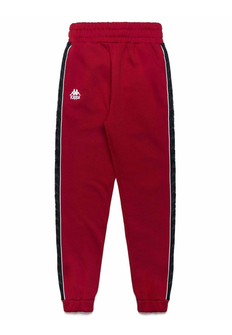 Pantaloni della tuta rossi con elastico in vita, pannelli laterali neri, piping bianco e logo Kappa sulla coscia sinistra. Realizzati in tessuto morbido.
