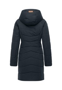 Dark navy padded coat features a hood, stitched chevron pattern, and a small leather accent label at the neckline.