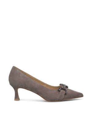 Gray suede pump with a pointed toe, low kitten heel, and a decorative jeweled accent on the vamp. Smooth texture, sleek design.