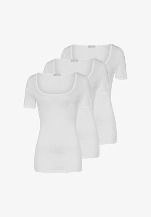 Drei schlichte weiße Damen-T-Shirts mit kurzen Ärmeln und Rundhalsausschnitt, überlappend auf weißem Hintergrund gezeigt.