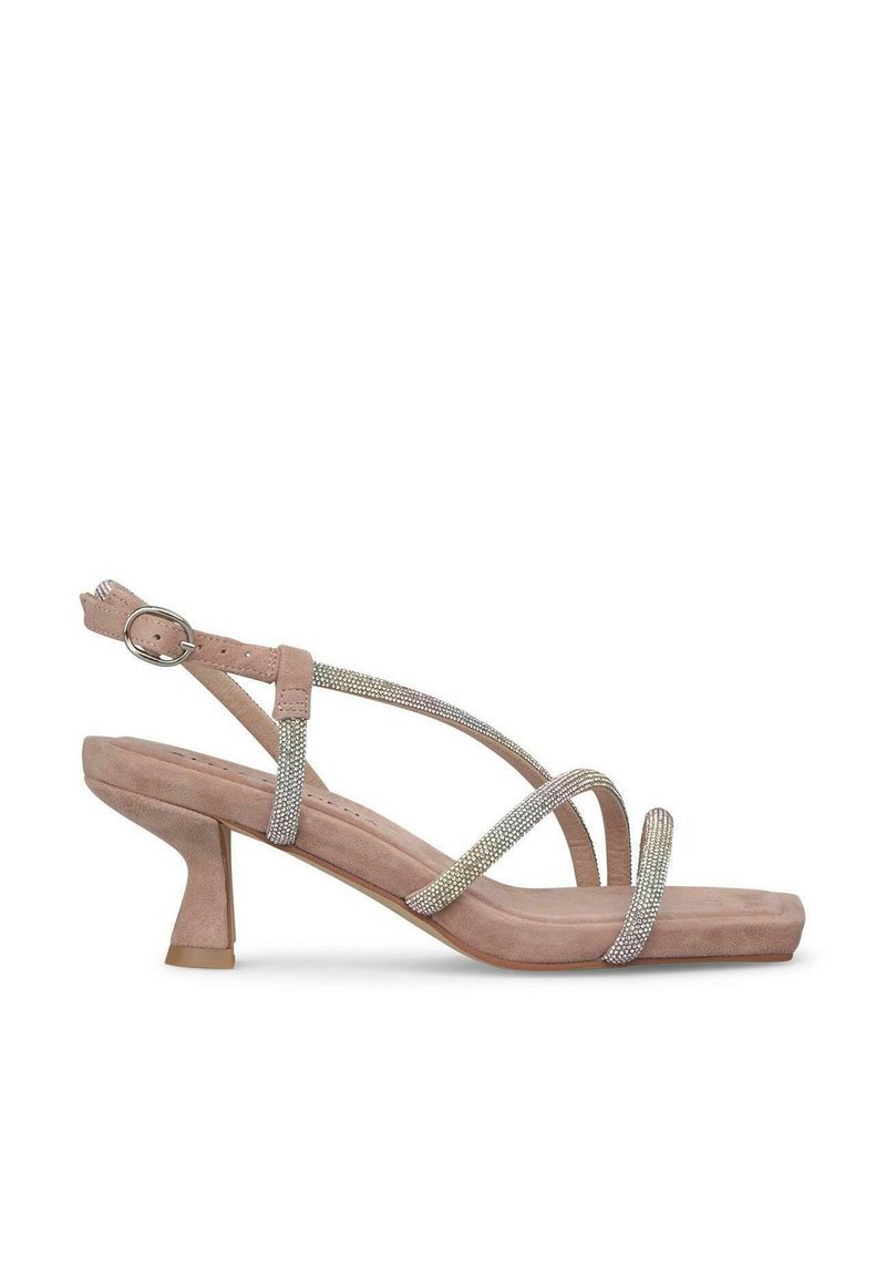 Sandalias de tacón de ante rosa con correas entrecruzadas, adornadas con strass. Cuentan con una punta cuadrada y un tacón de bloque moderado.
