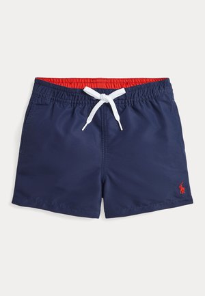 Jūros mėlynumo plaukimo šortai su raudona elastinga juosta, balta sutraukiama virvele, šoninėmis kišenėmis ir mažuoju raudonu emblemą apatiniame kairiajame kampe.