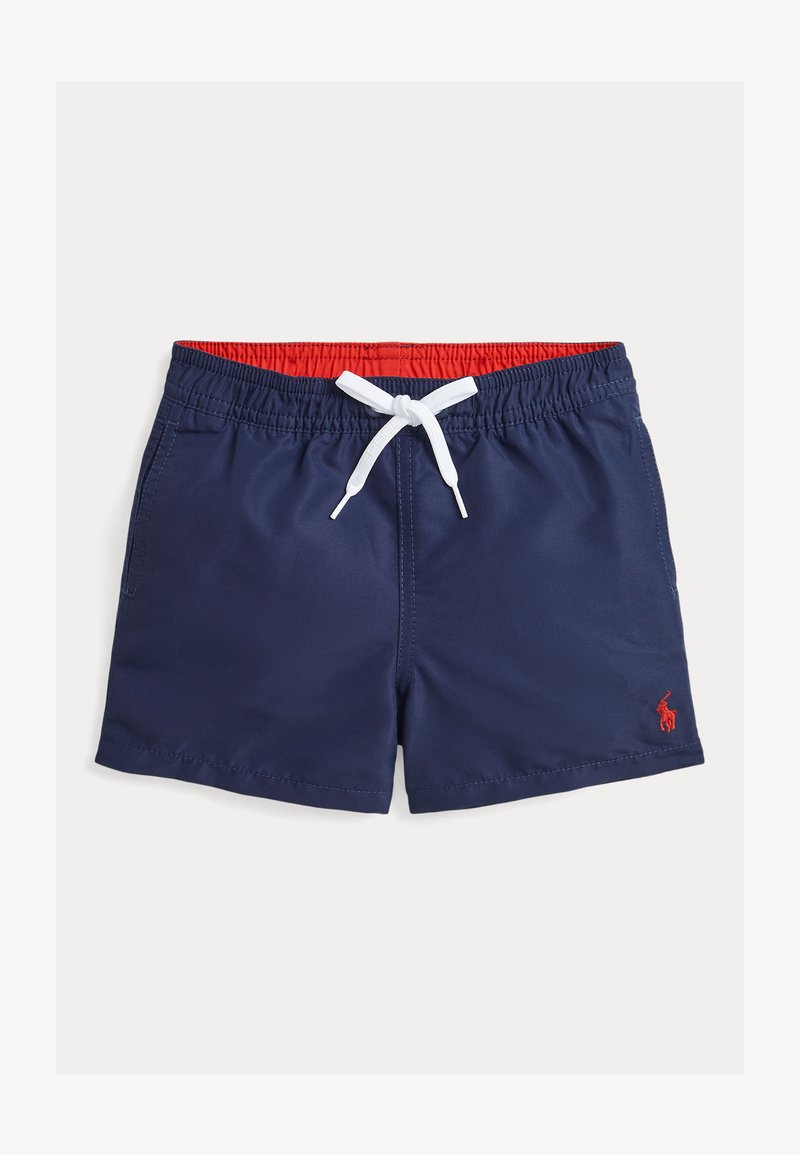 Σαλοπέτες κολύμβησης ναυτικού χρώματος με κόκκινη ελαστική ζώνη μέσης, λευκή κορδόνι, πλαϊνές τσέπες και μικρό κόκκινο έμβλημα στην κάτω αριστερή πλευρά.