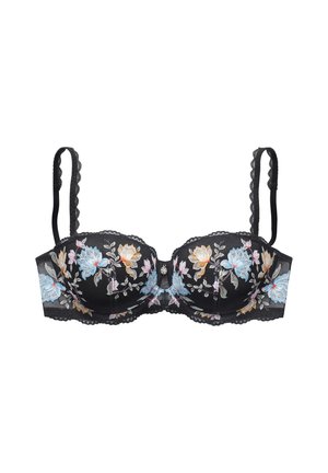 Black underwire bra with scalloped straps and multicolor blue, yellow, and pink floral embroidery on sheer fabric.