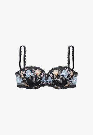 Black underwire bra with scalloped straps and multicolor blue, yellow, and pink floral embroidery on sheer fabric.