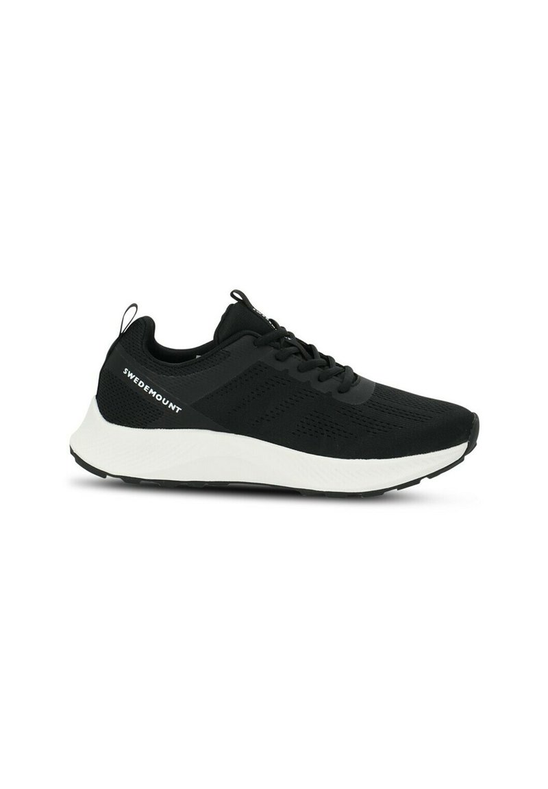 Scarpa atletica nera con tomaia in mesh, dettagli sintetici, suola intermedia bianca e suola esterna in gomma nera. Presenta il logo sul lato.