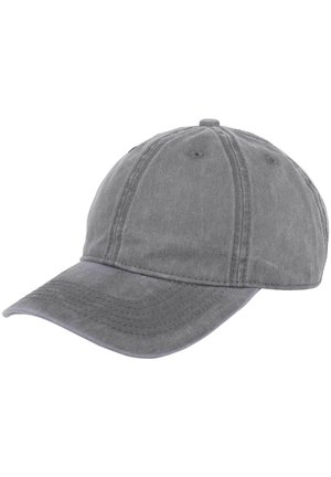 Grå bomuldsbaseballkasket med buet skygge og syninger på panelerne, vist mod en hvid baggrund.